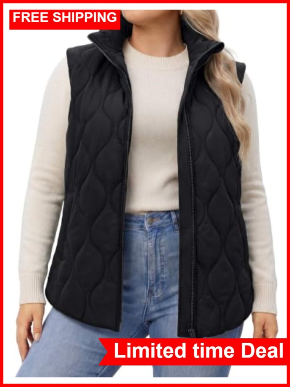 Plus Size Quilted Puffer Vest with Pockets Sleeveless Zip Up